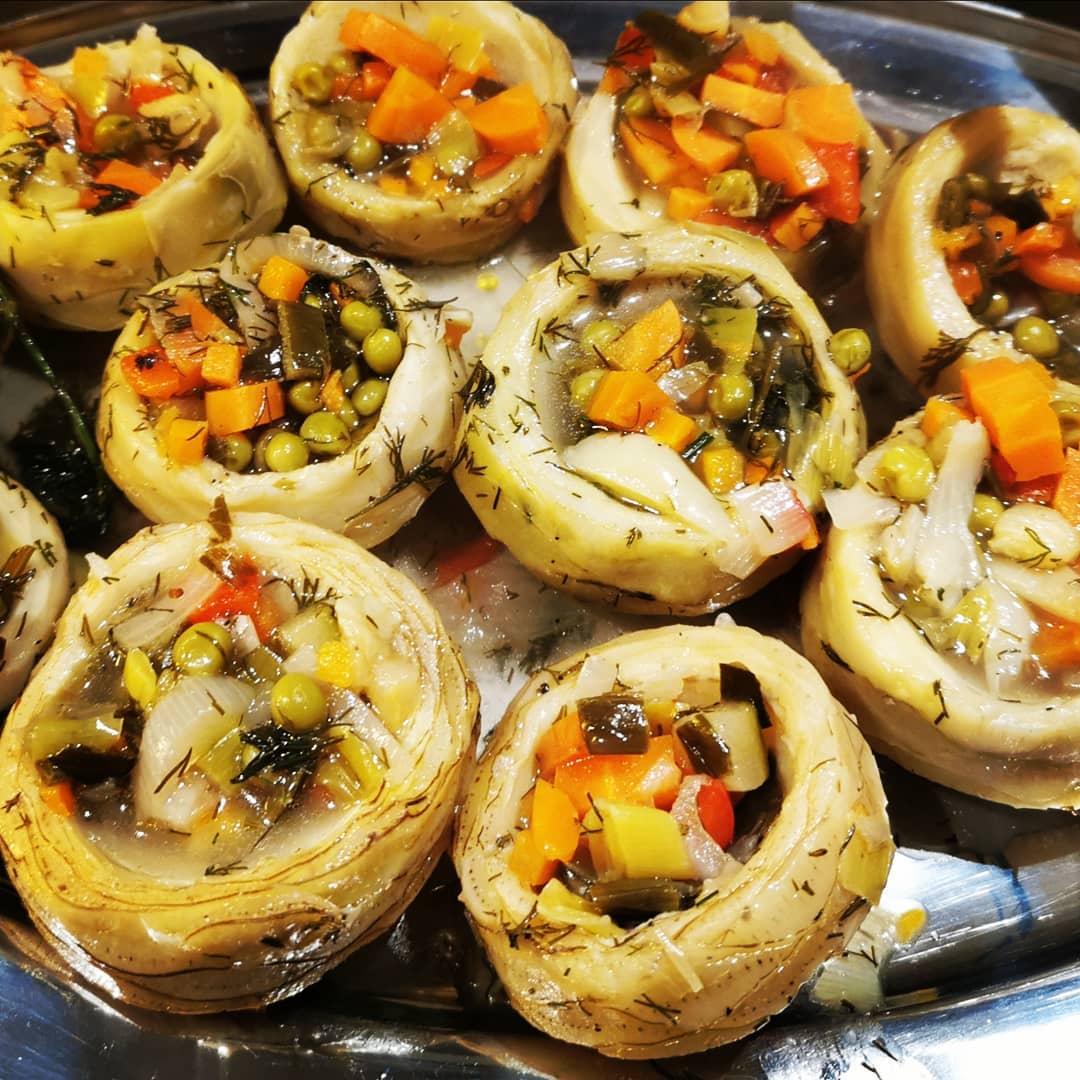 Greek style artichokes with carrots and peas