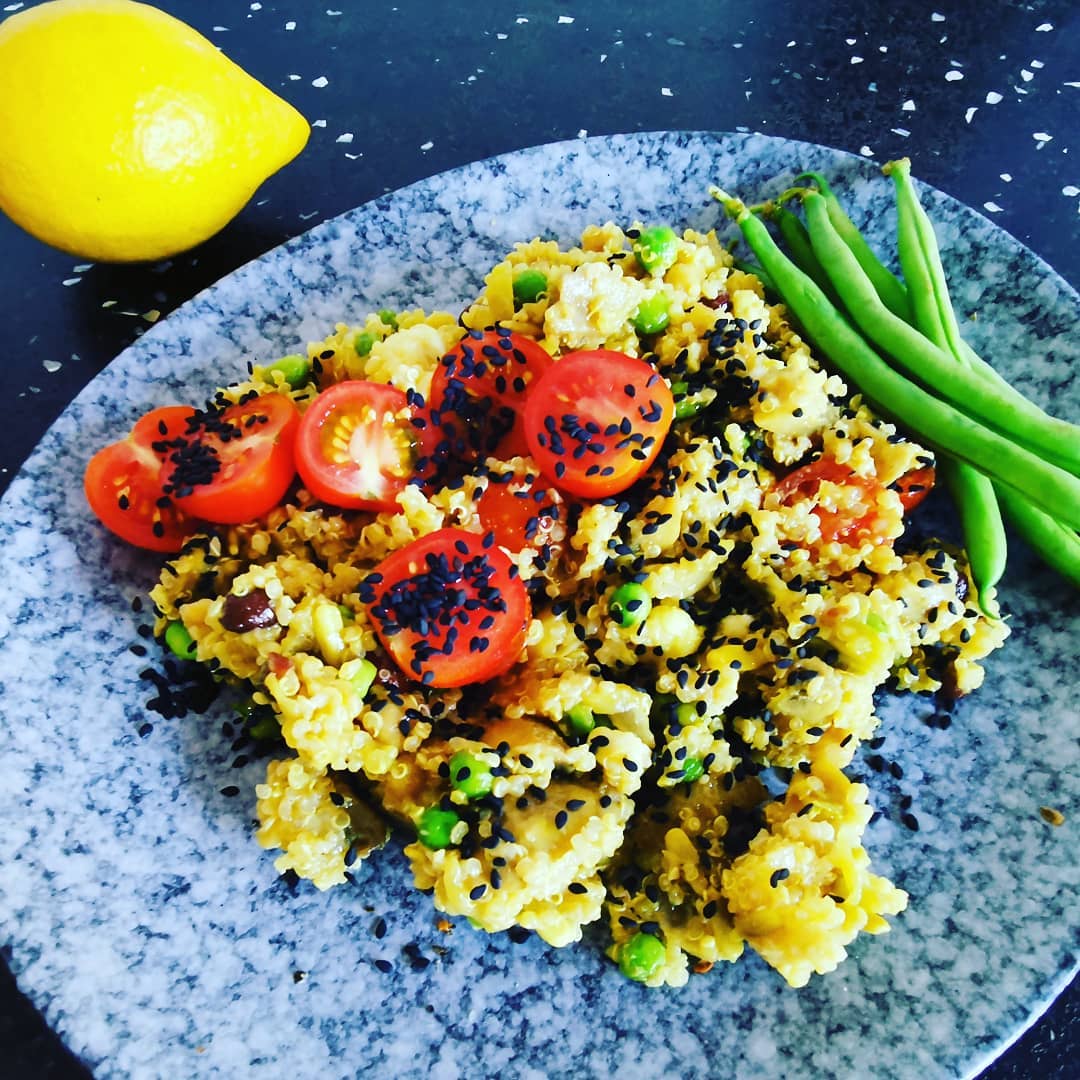 Quinoa with pickled cauliflower and aduki beans. Served with raw french bean salad